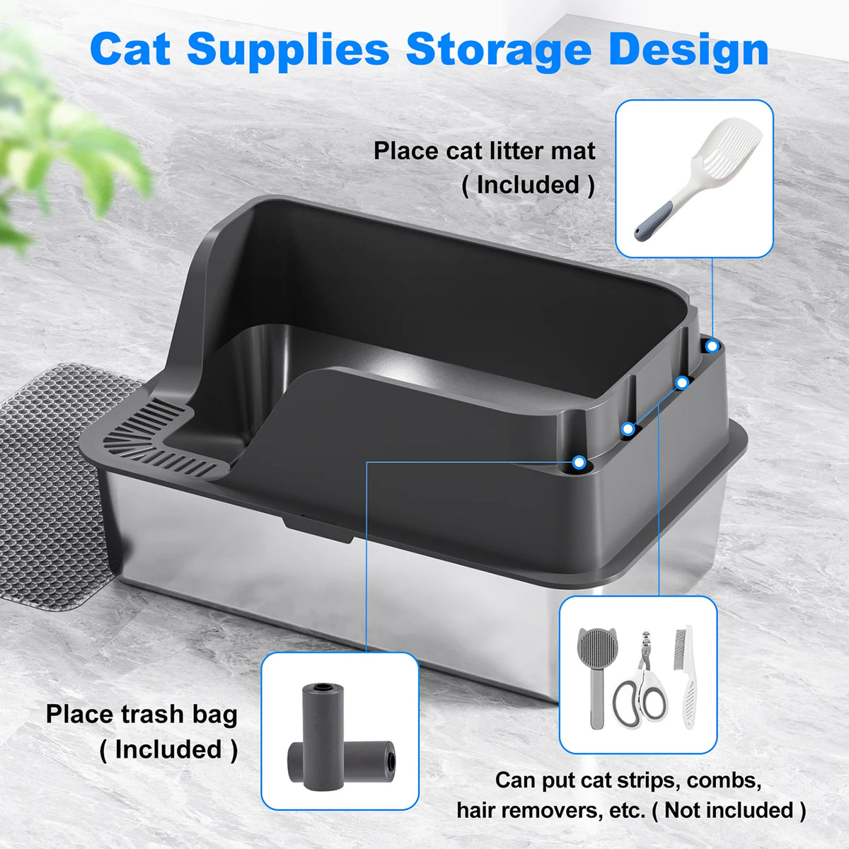 Stainless Steel Semi-Closed Cat Litter Box Splash Proof