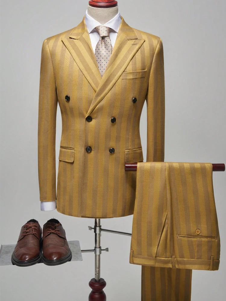 Men's Slim Fit Double Breasted Jacquard Suit Set