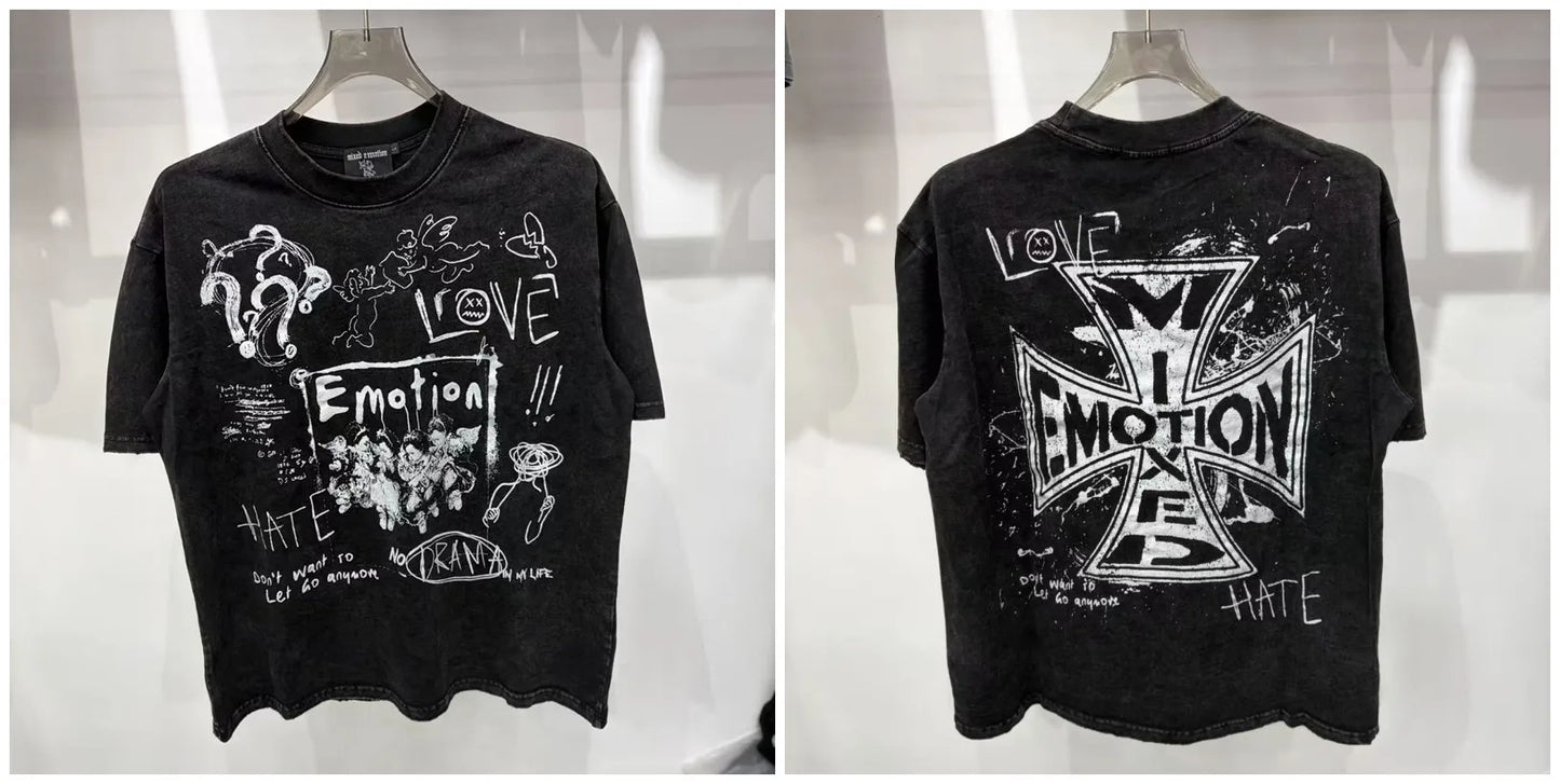 Mixed Emotion Rhinestone Cartoon Print Cotton T Shirt Men Women