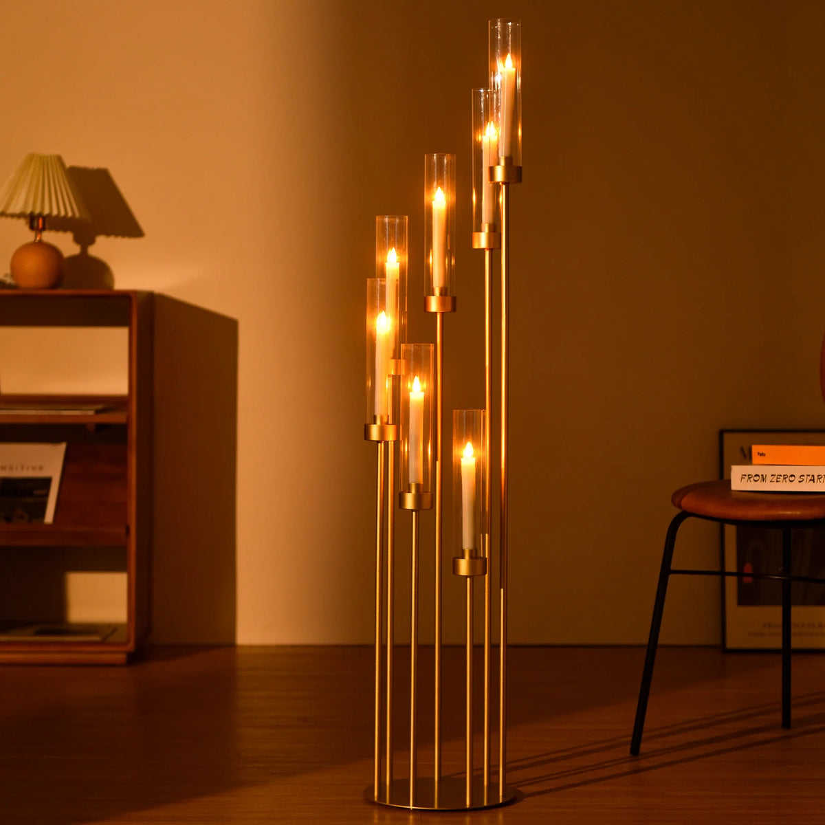 Vincigant Gold 7 Arm Metal Floor Candelabra With Acrylic Lampshade
