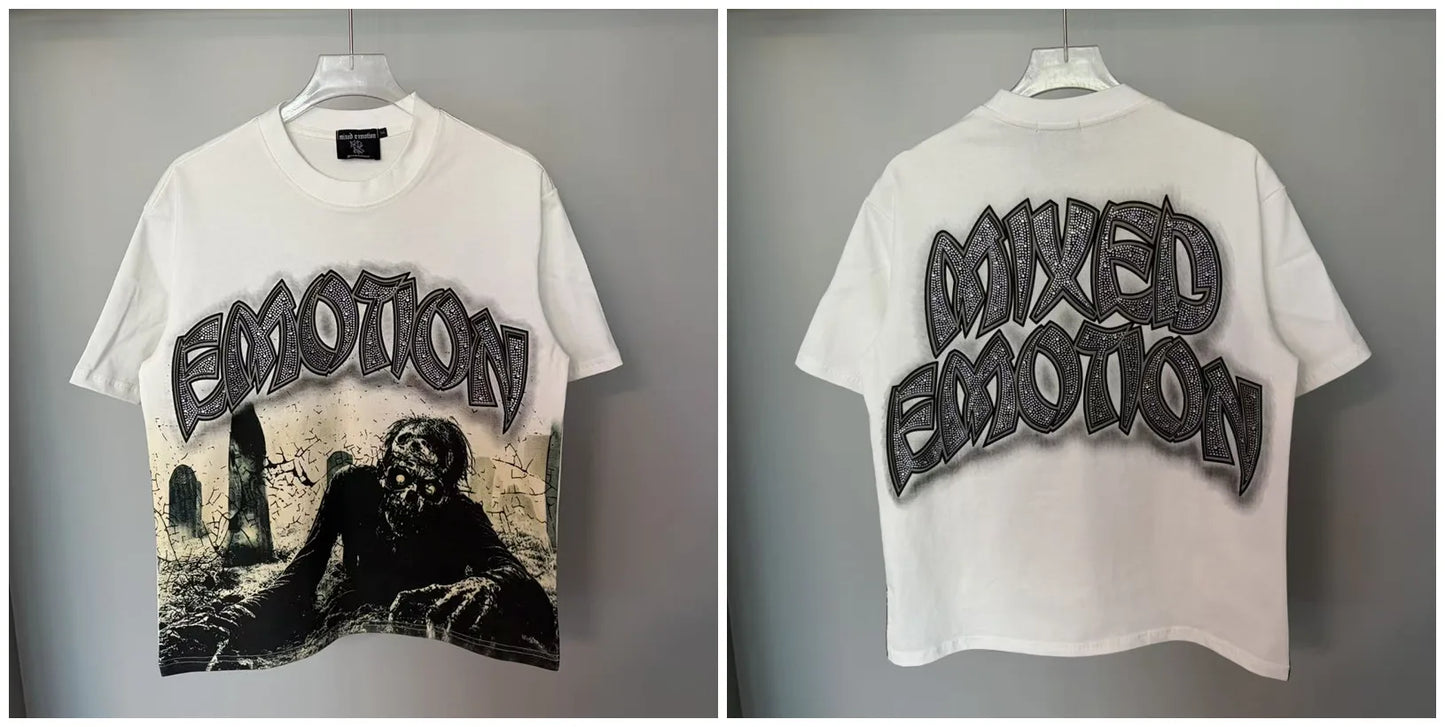 Mixed Emotion Rhinestone Cartoon Print Cotton T Shirt Men Women