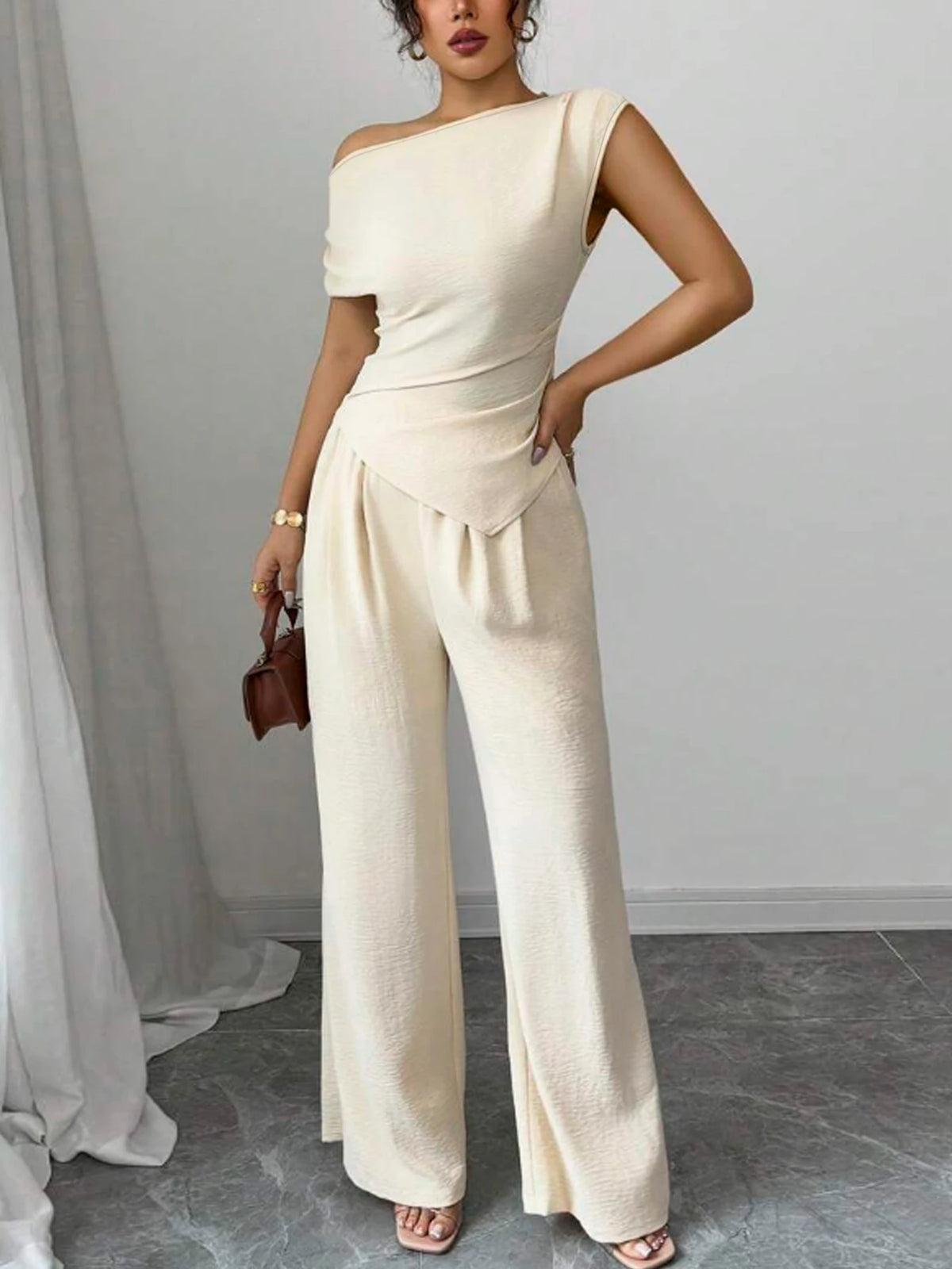 Elegant Pure Color Ladies Asymmetric Top And Wide Leg Pants Two Piece Set