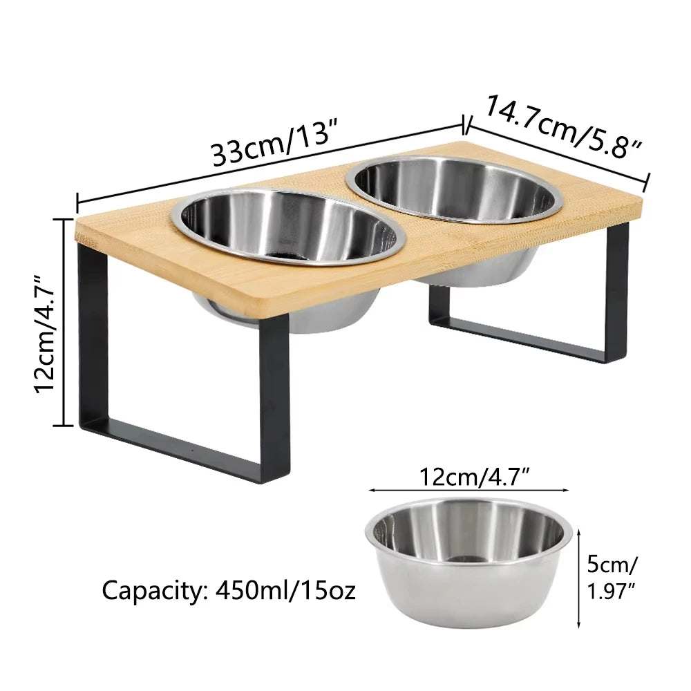 Elevated Cat Bowls Wooden Stand Anti Vomiting Stainless Steel Raised Meal Set For Cats