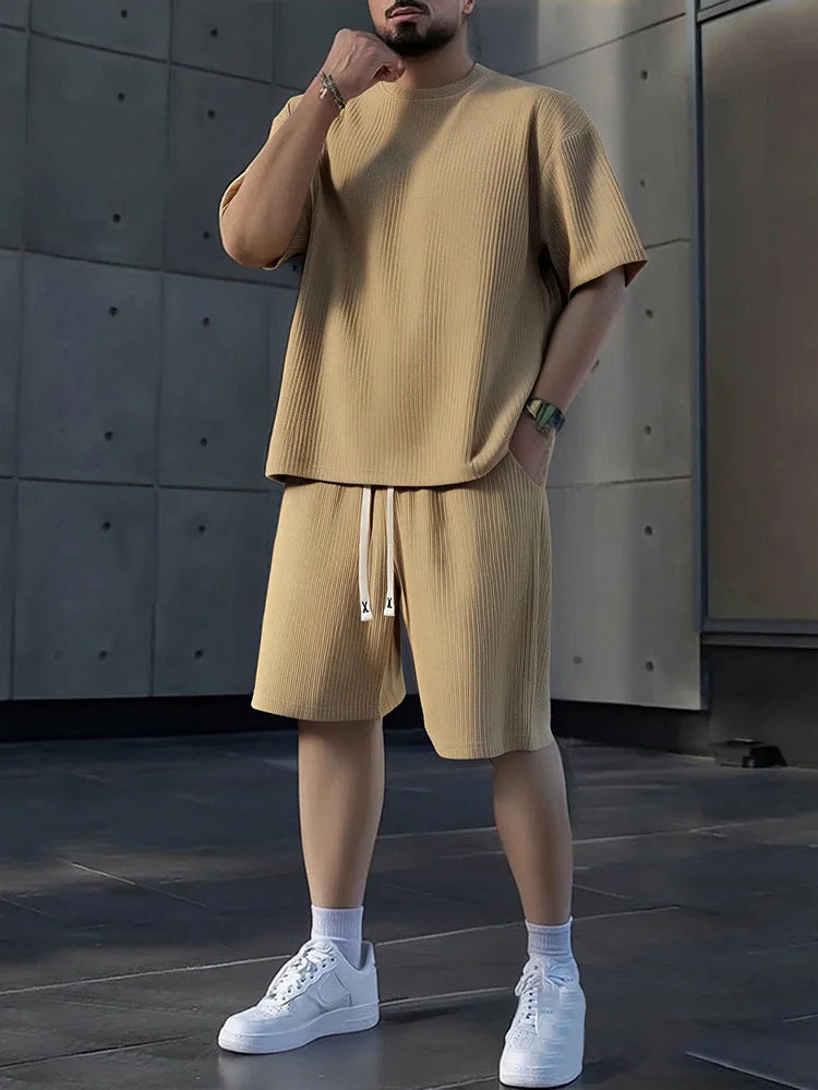 Men's Textured Breathable Shorts And T Shirt Set