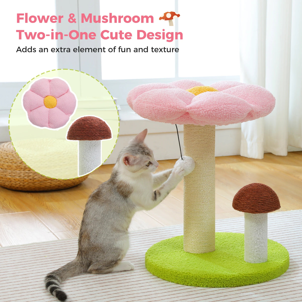 Pawz Road Double Tier Mushroom Cat Scratcher With Removable Flower Cat Bed And Interactive Toy Ball