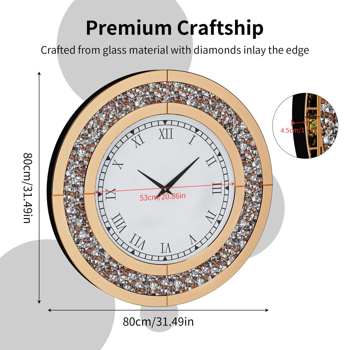 Round Crystal Sparkle Diamond Mirrored Wall Clock With Alarm