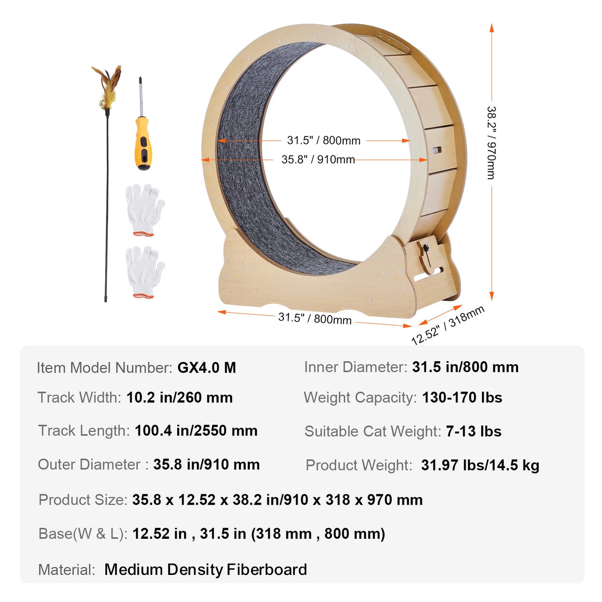 LARGE Wooden Cat Exercise Wheel Treadmill With Detachable Carpet