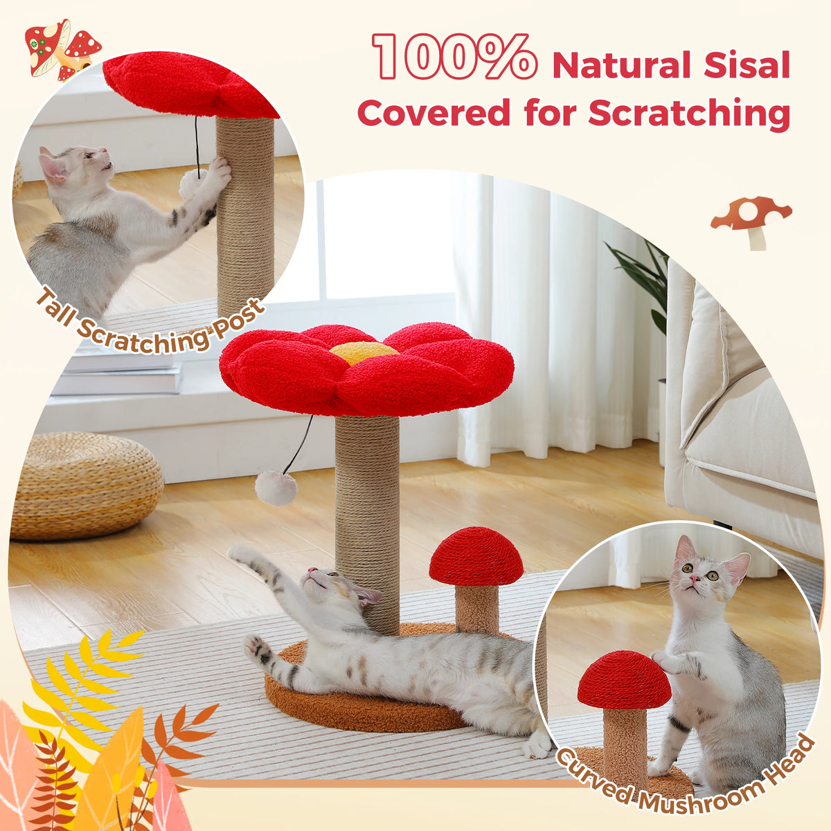 Pawz Road Double Tier Mushroom Cat Scratcher With Removable Flower Cat Bed And Interactive Toy Ball