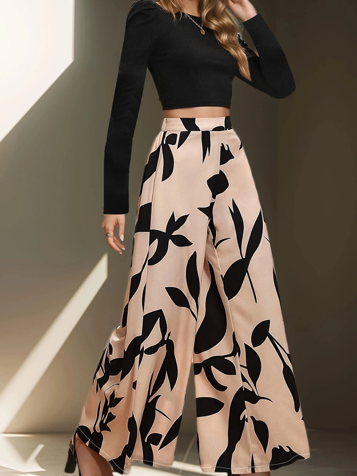 Women's High Waist Floral Wide Leg Pants Casual Office Wear