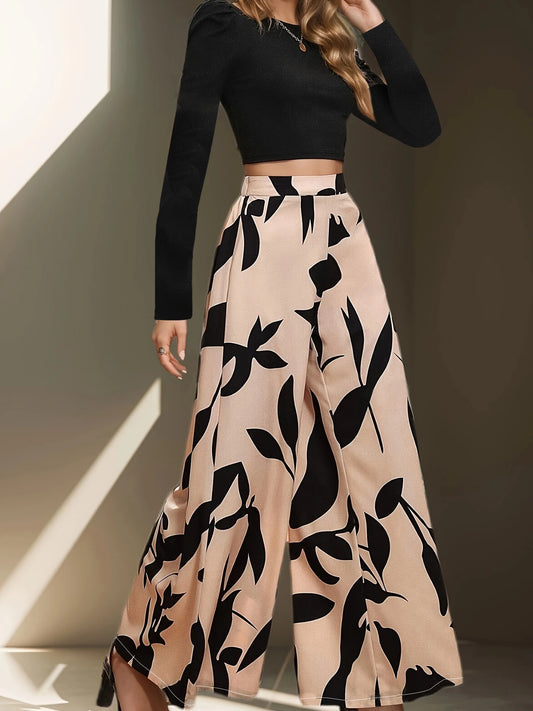 Women's High Waist Floral Wide Leg Pants Casual Office Wear