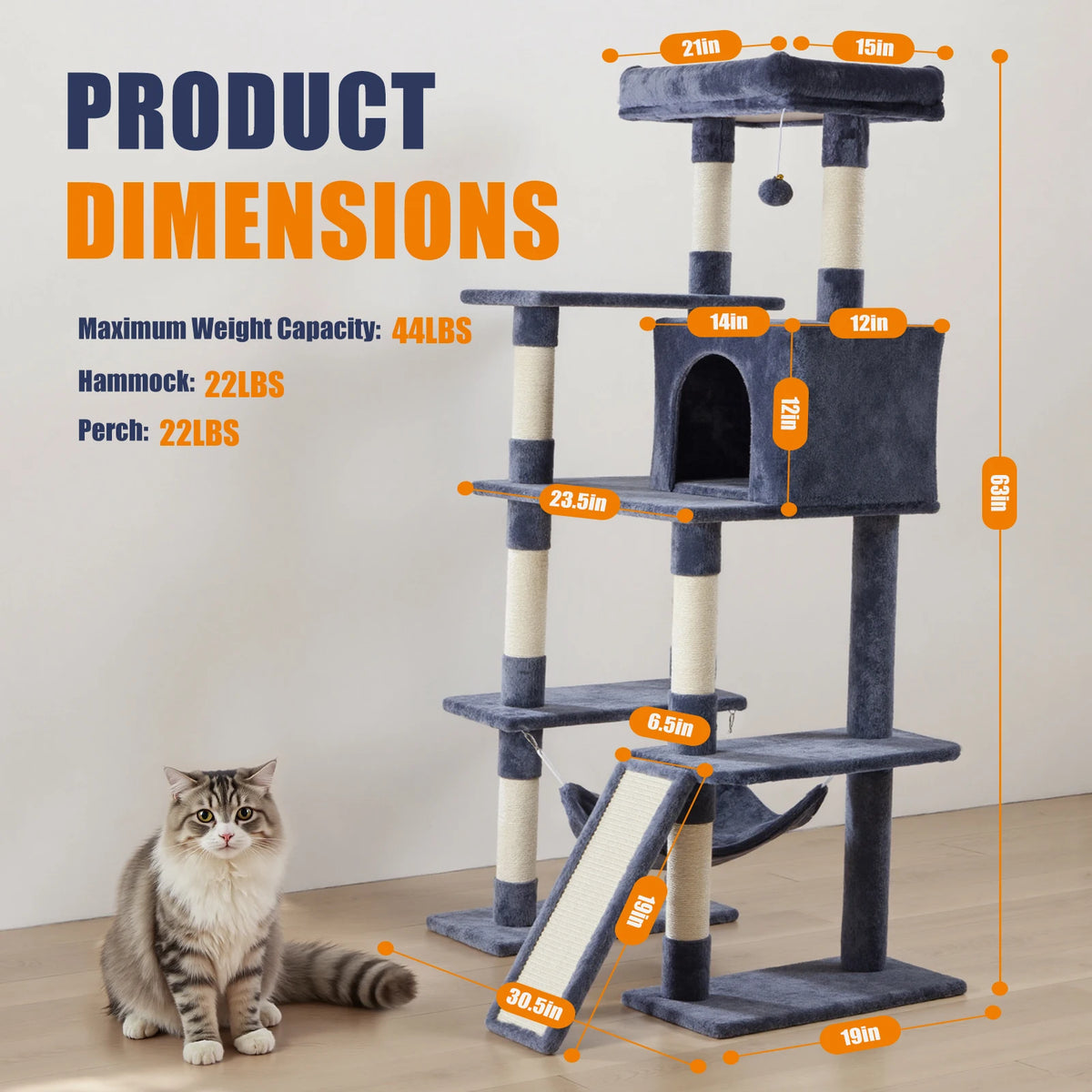 JHK Tall 63 Inch Multi-Level Cat Tree With Scratching Posts And House