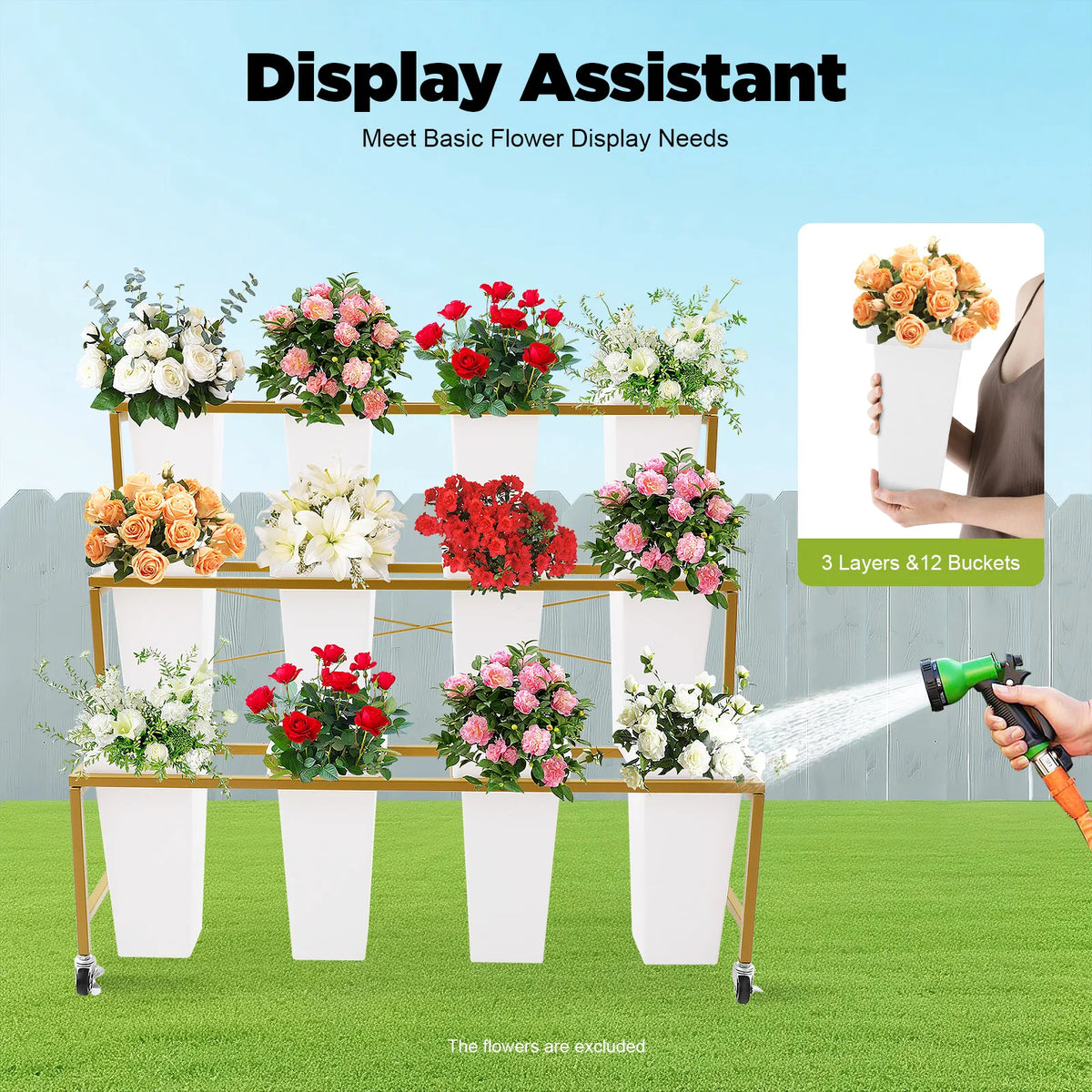 3 Tier Metal Flower Display Cart With 12 Buckets and Wheels