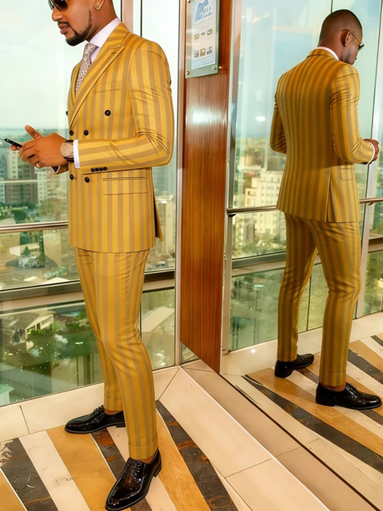 Men's Slim Fit Double Breasted Jacquard Suit Set