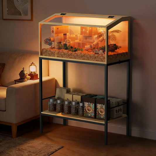 Wooden Small Pet Cage Featuring Tempered Glass And Integrated Led Lamp