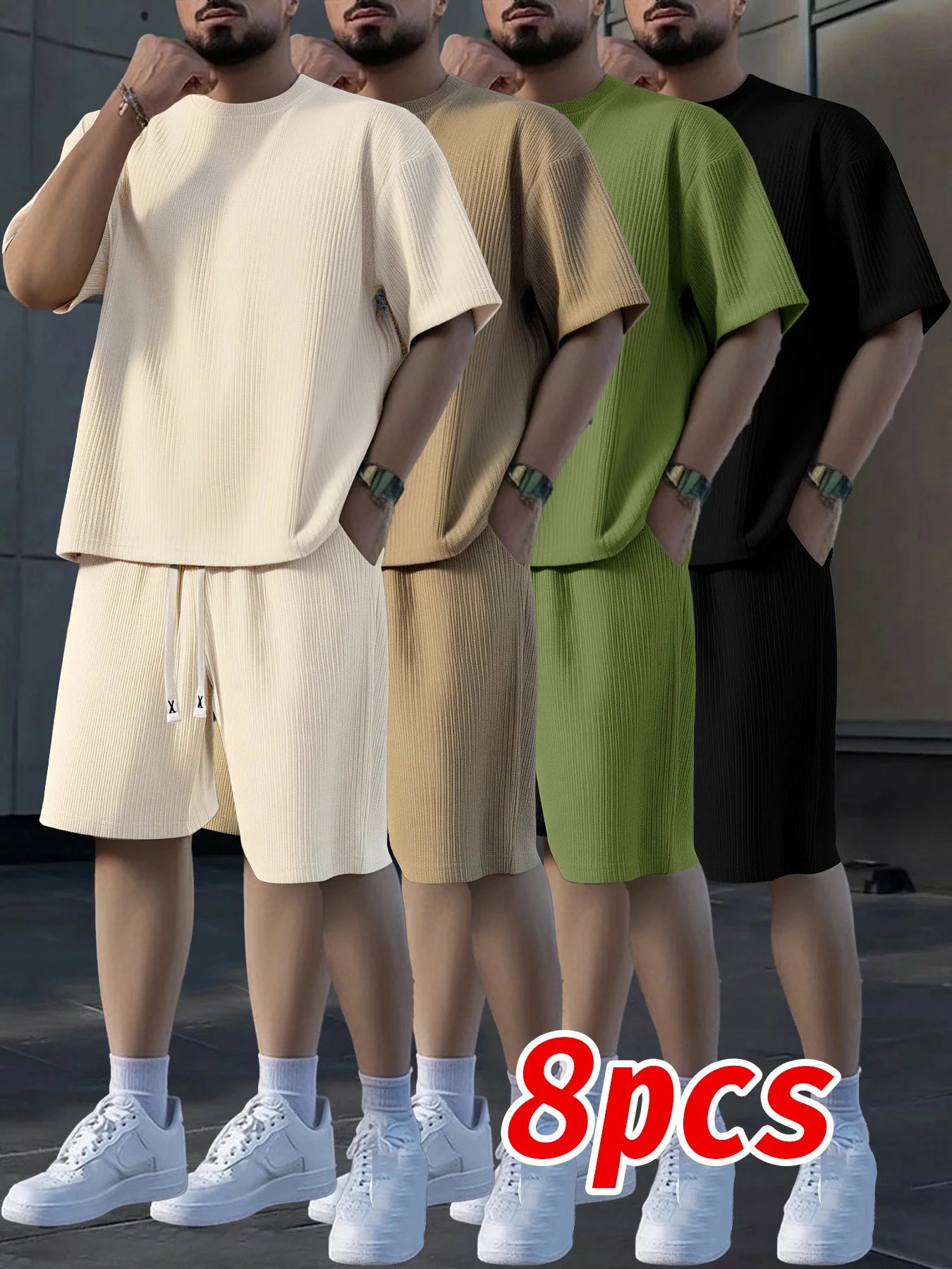 Men's Textured Breathable Shorts And T Shirt Set