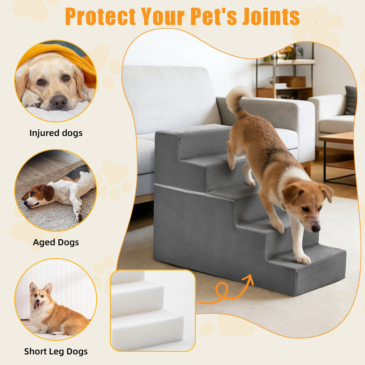 Jhk 3 To 5 Step Right Angled Foam Dog Stairs Ramp For Small Dogs
