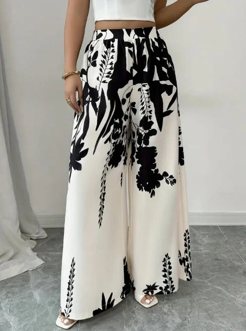 Women's Black Floral Print Polyester Palace Pants