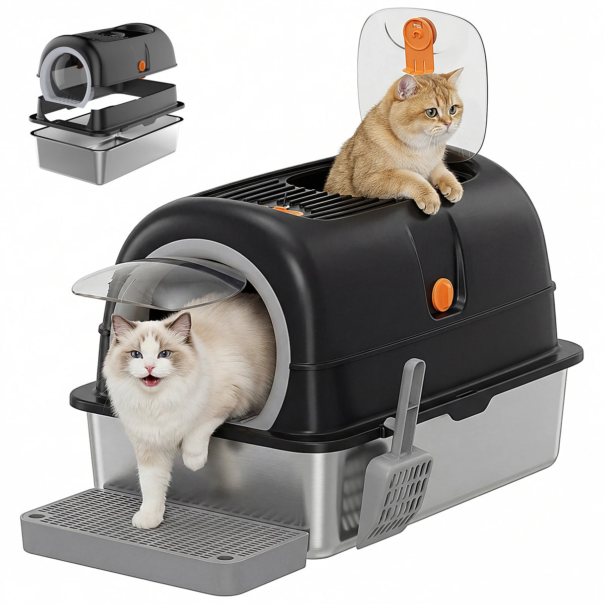 Stainless Steel Fully Enclosed Large Cat Litter Box With Mat