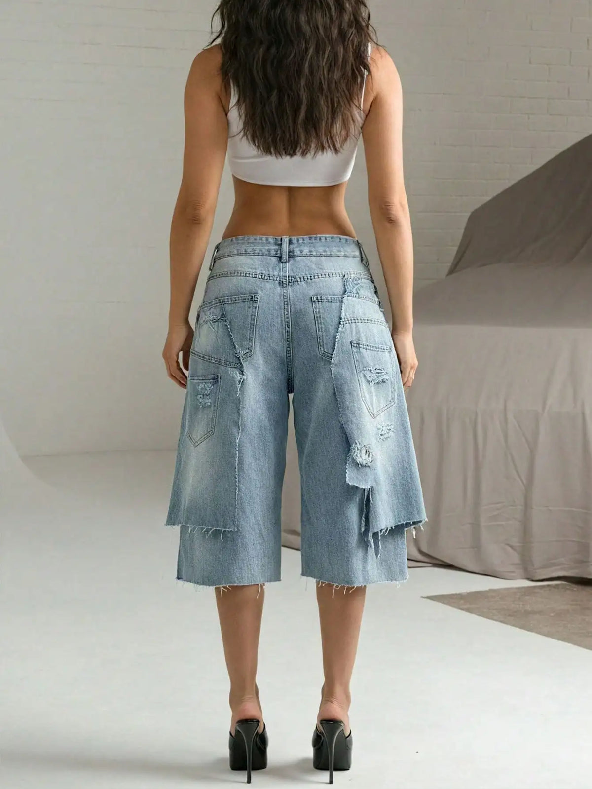 Glori Women Denim Bermuda Shorts Double Waistband Deconstructed