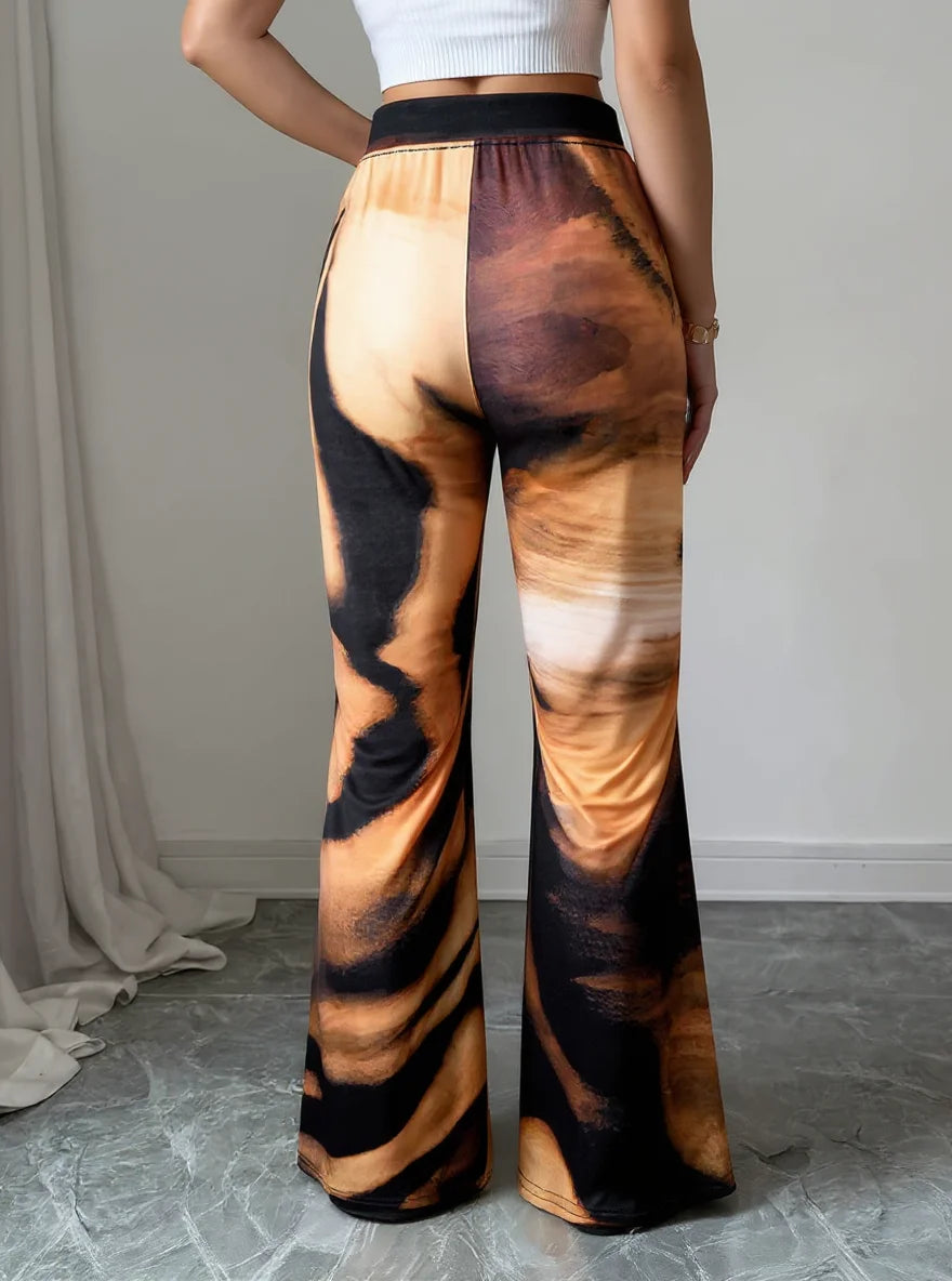 Women High Waist Tiger Print Flare Pants Vintage Stretch Bell Bottom Trousers