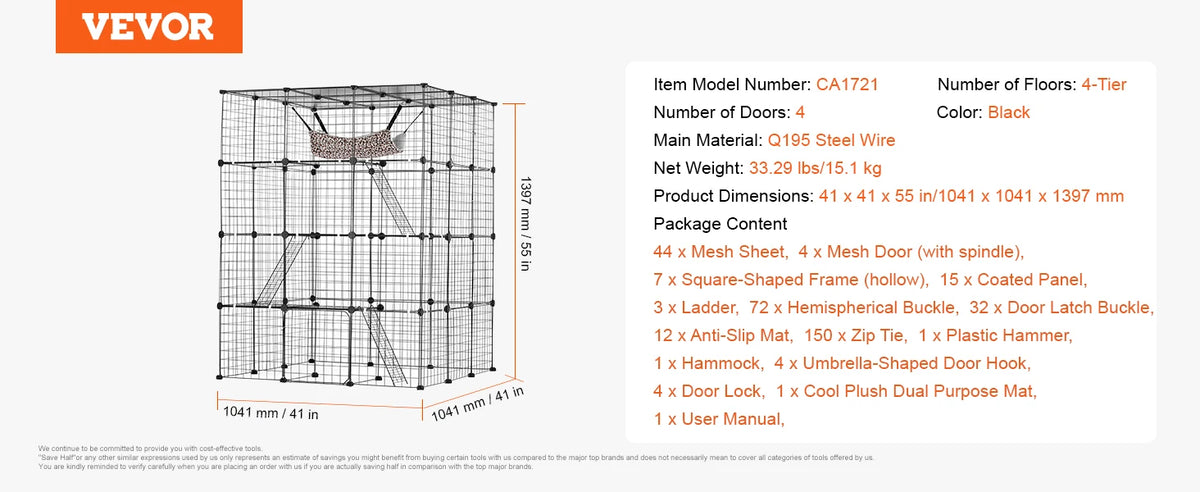 SucceBuy Detachable Metal Wire Cat Villa With Hammocks And Ramp