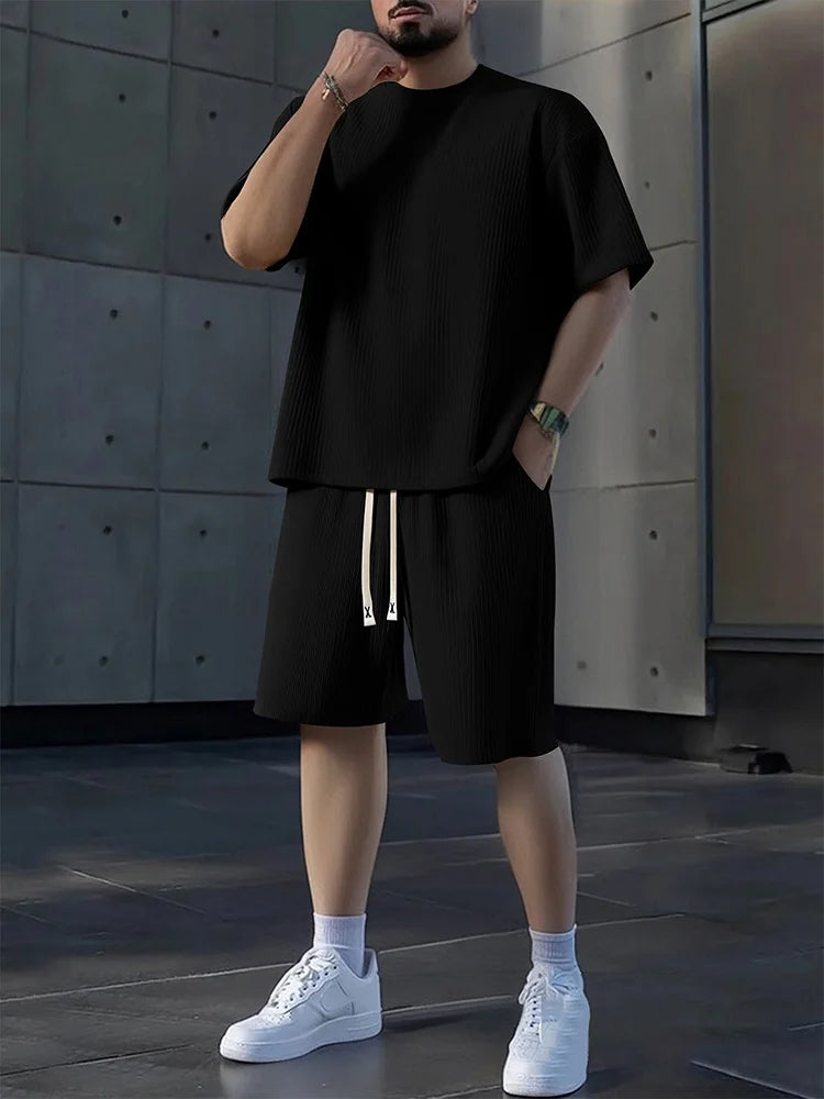 Men's Textured Breathable Shorts And T Shirt Set