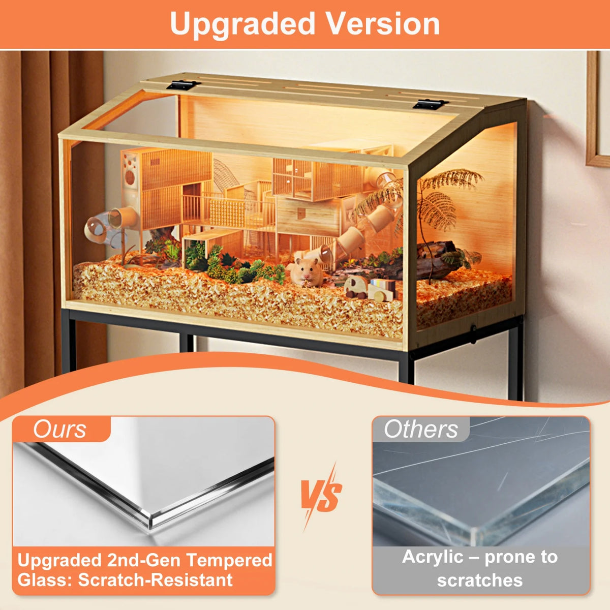 Wooden Small Pet Cage Featuring Tempered Glass And Integrated Led Lamp