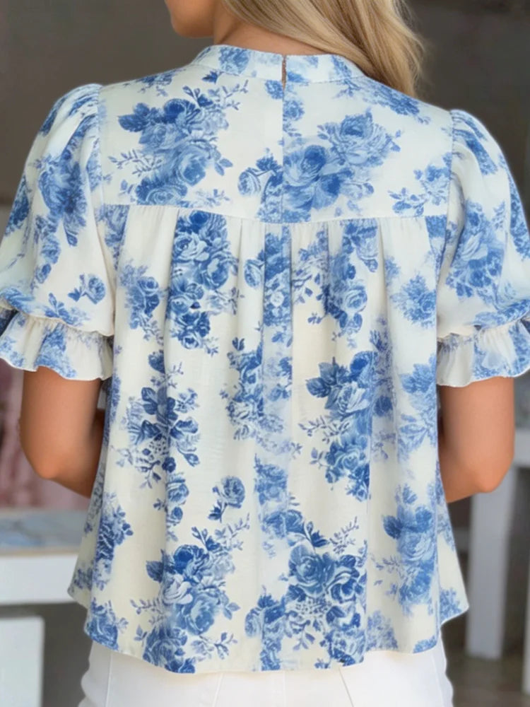 Retro Blue Rose Floral Loose Women's Half Button V Neck Top