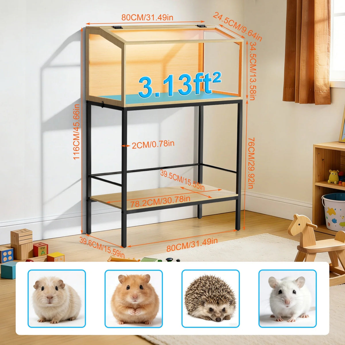 Wooden Small Pet Cage Featuring Tempered Glass And Integrated Led Lamp