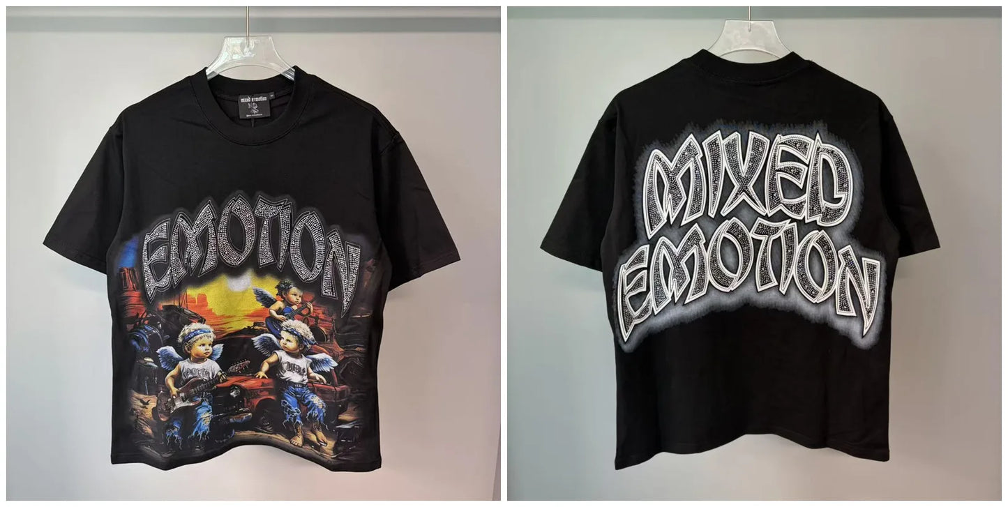 Mixed Emotion Rhinestone Cartoon Print Cotton T Shirt Men Women
