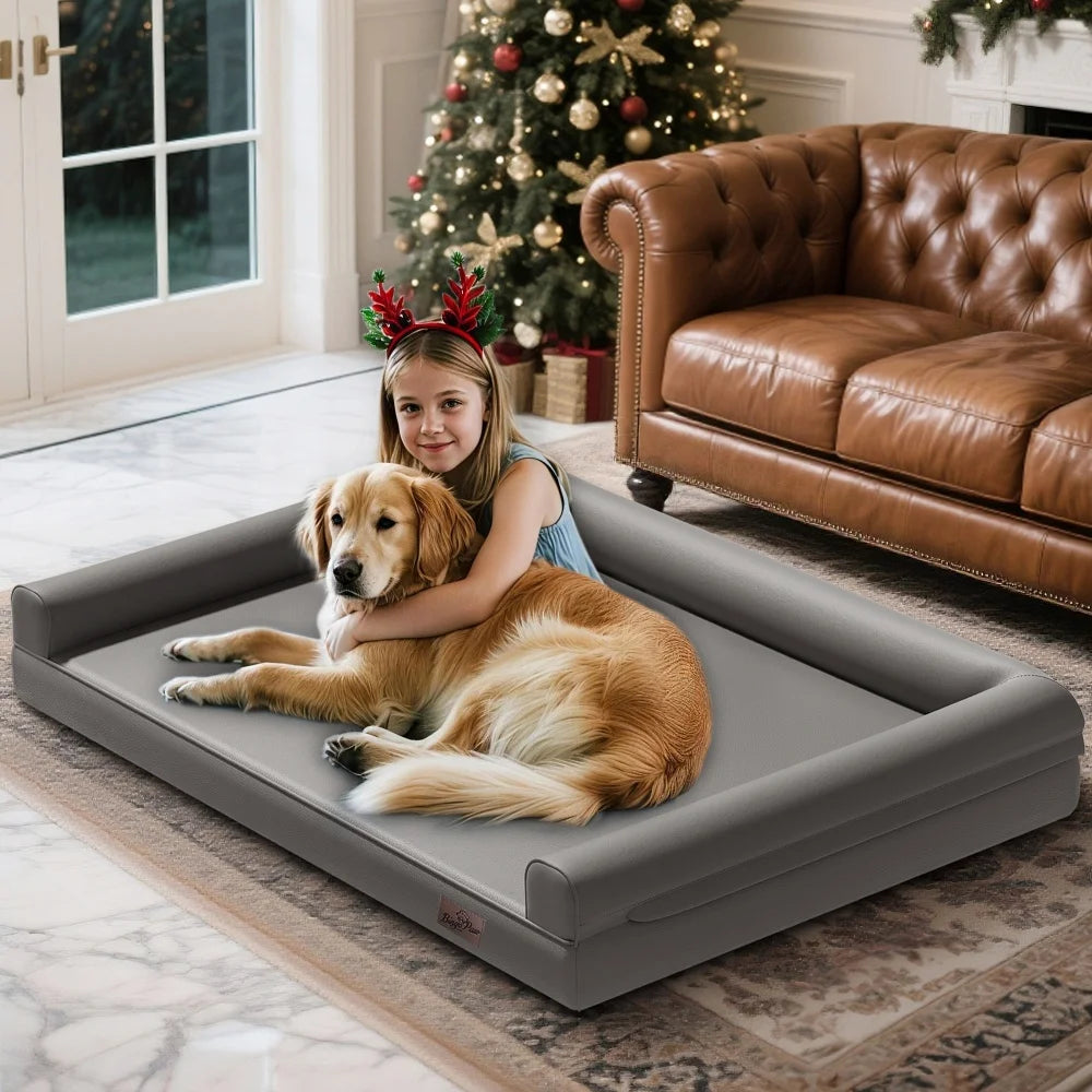 BORWART Extra Large Orthopedic Dog Bed Bolster Waterproof With Removable Cover