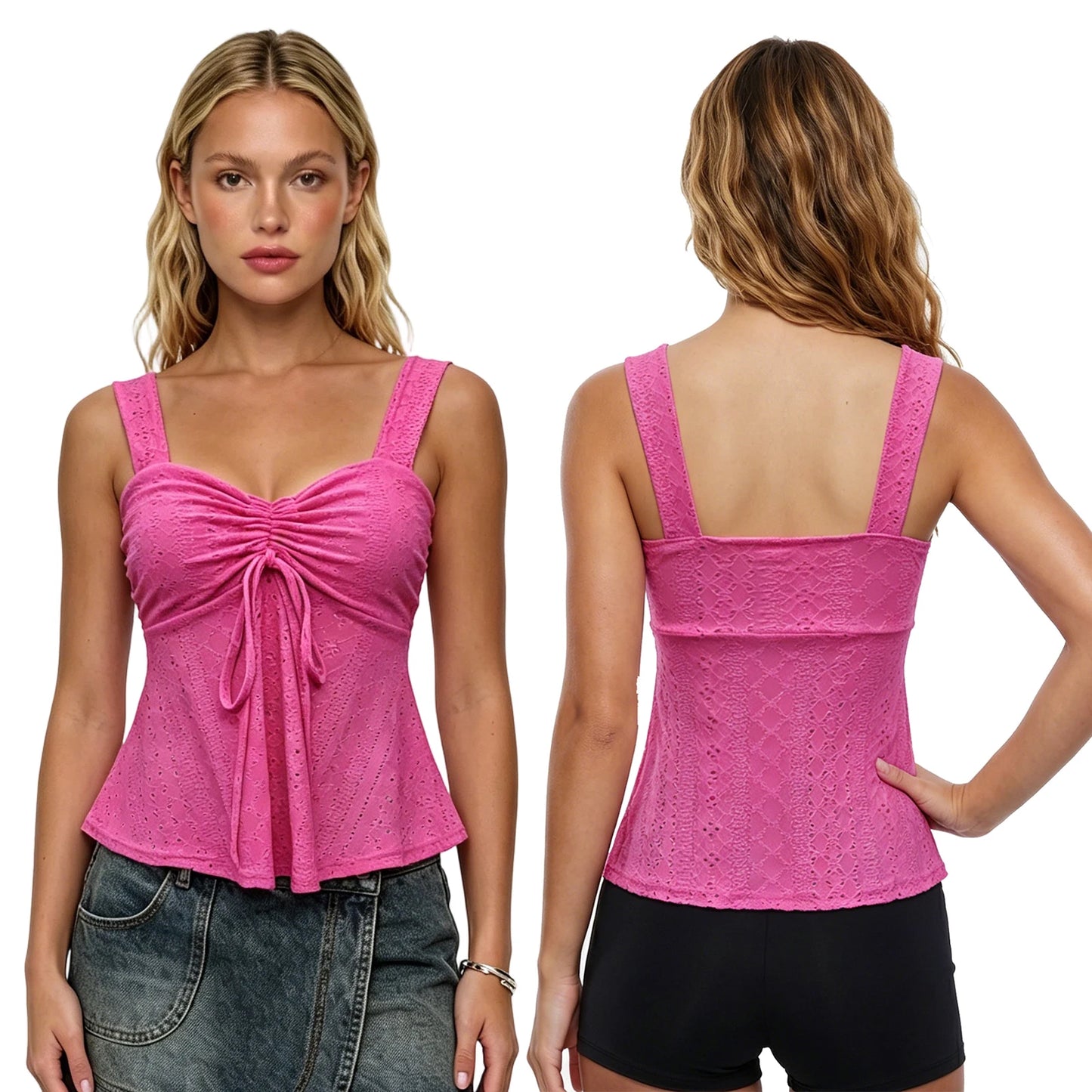 XBTCLXEBCO Drawstring Ruched Embroidery Tank Top For Women Sweetheart Neck