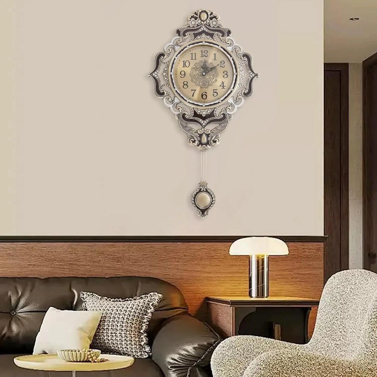Retro Metal Wall Clock With Swinging Pendulum And Silent Movement