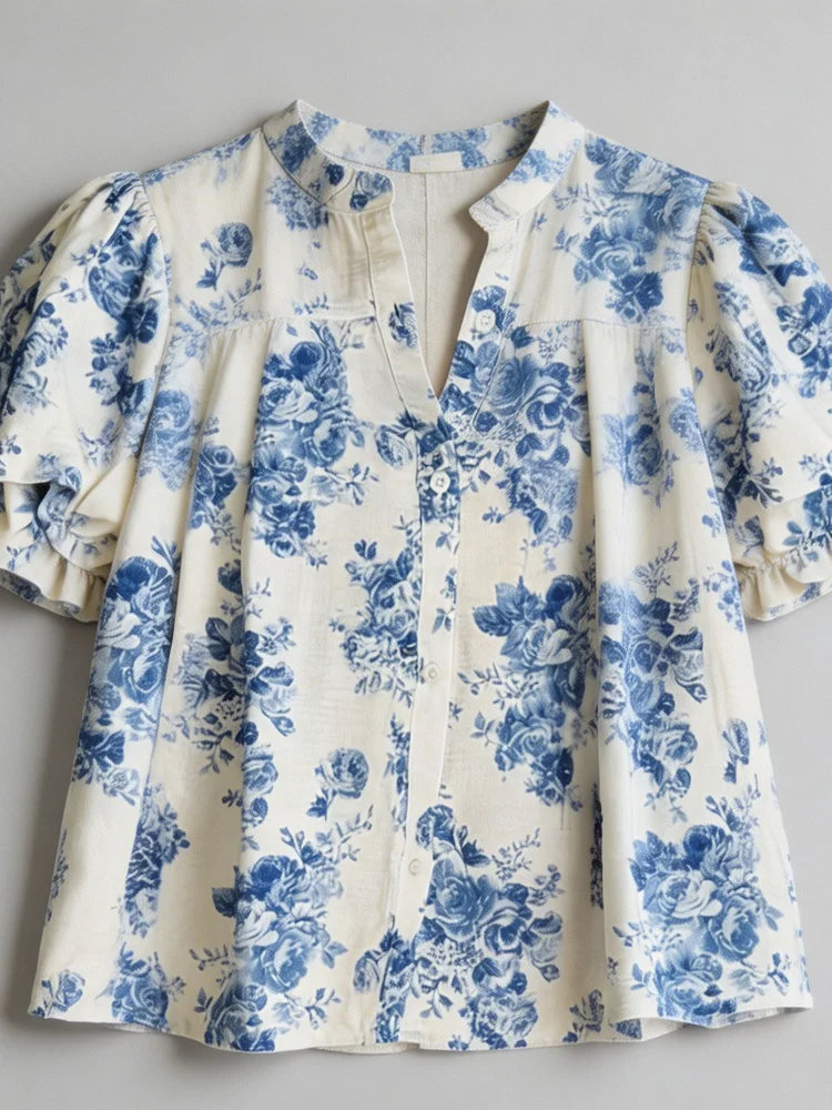 Retro Blue Rose Floral Loose Women's Half Button V Neck Top