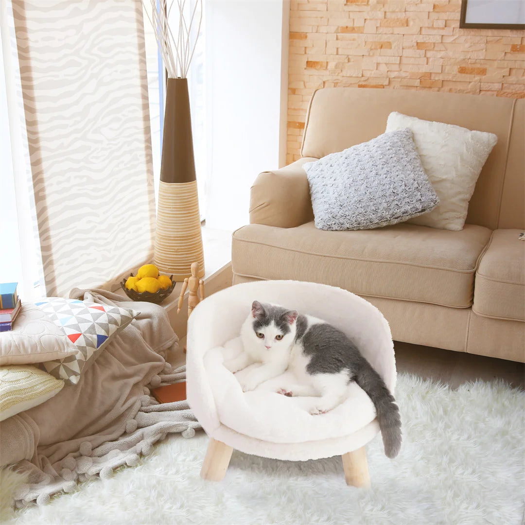 BINGOPAW Luxury Plush Cat Bed Nesting Chair With Wood Legs Waterproof Cushion