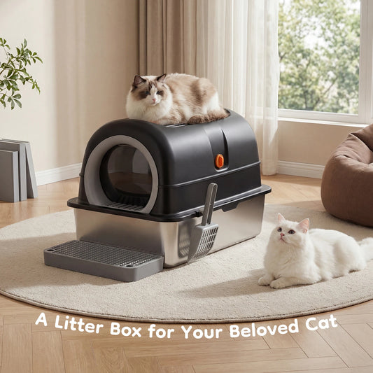 Stainless Steel Fully Enclosed Large Cat Litter Box With Mat