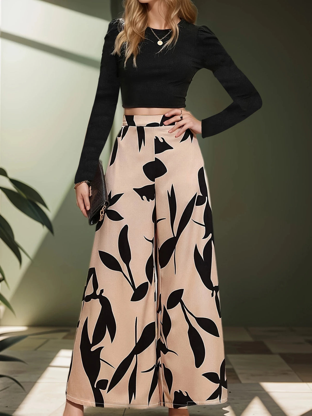 Women's High Waist Floral Wide Leg Pants Casual Office Wear