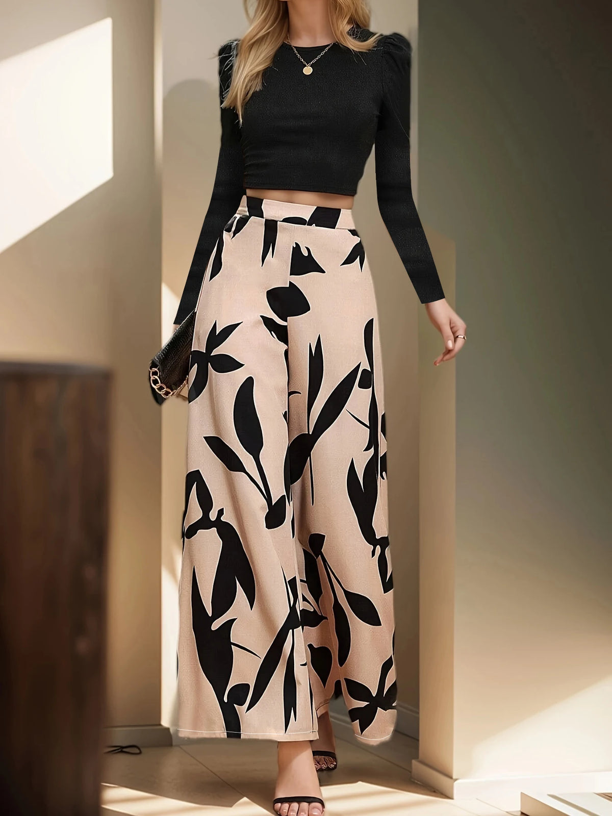 Women's High Waist Floral Wide Leg Pants Casual Office Wear