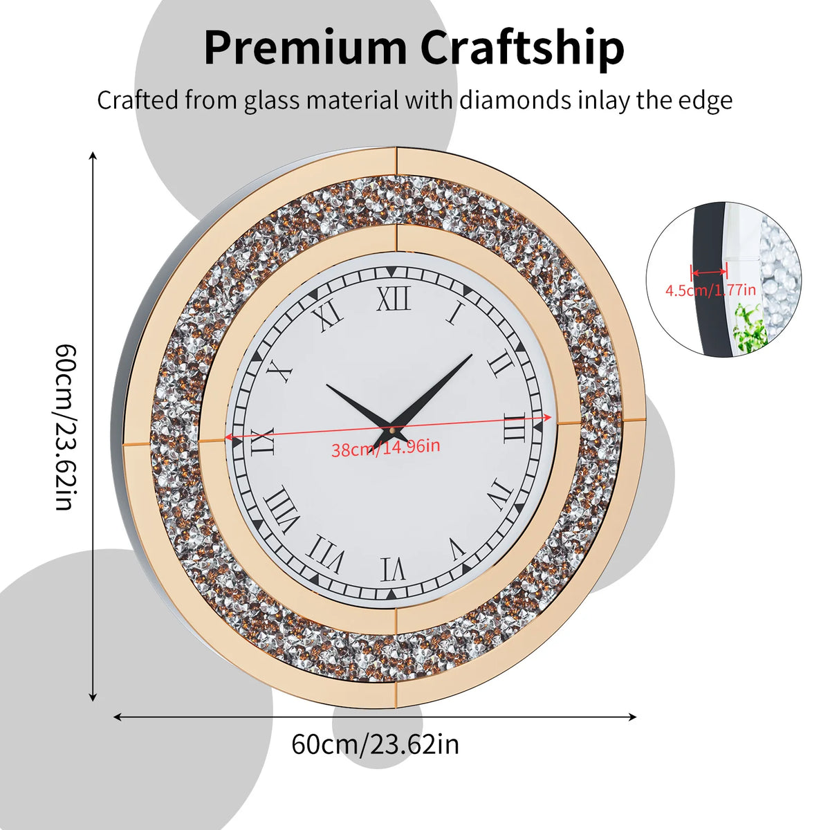 Round Crystal Sparkle Diamond Mirrored Wall Clock With Alarm