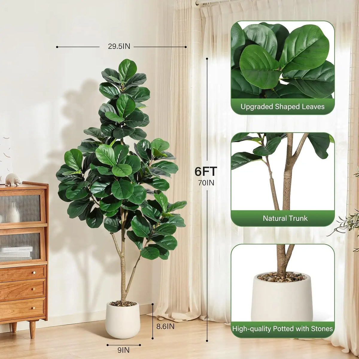 Himiss Artificial Fiddle Leaf Fig Tree In White Planter