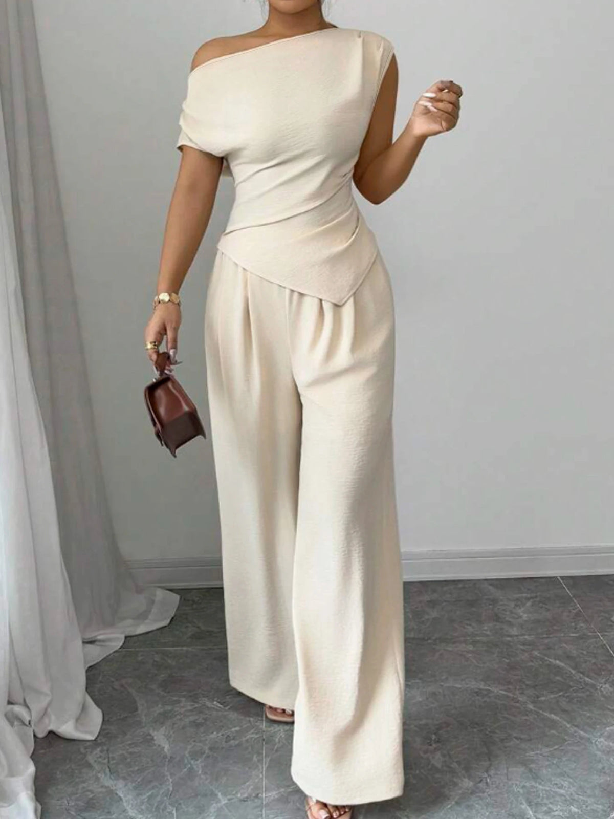 Elegant Pure Color Ladies Asymmetric Top And Wide Leg Pants Two Piece Set