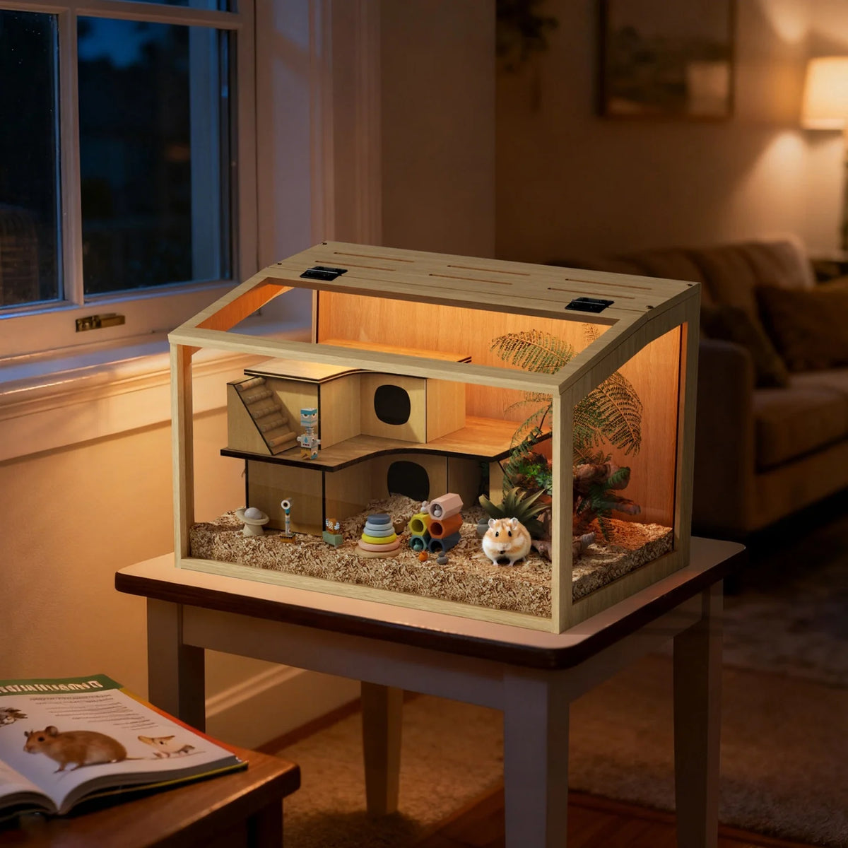 Wooden Small Pet Cage Featuring Tempered Glass And Integrated Led Lamp