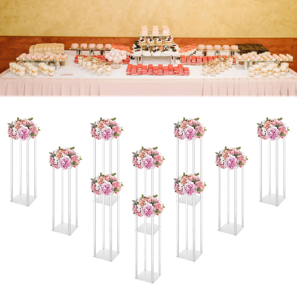 Clear 10Pcs Acrylic Wedding Flower Stand Geometric Column Rack