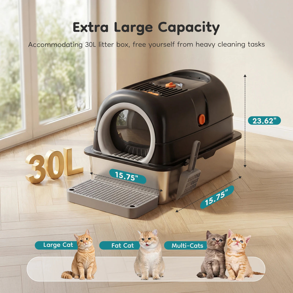 Stainless Steel Fully Enclosed Large Cat Litter Box With Mat