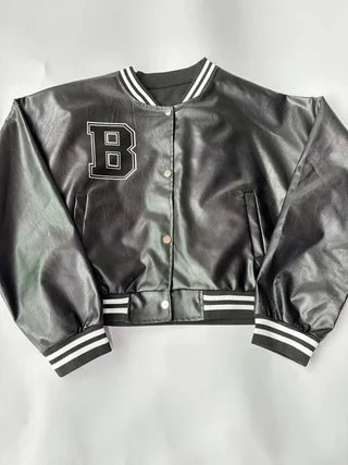 Womens Cropped PU Leather Baseball Jacket Featuring Letter Embroidery