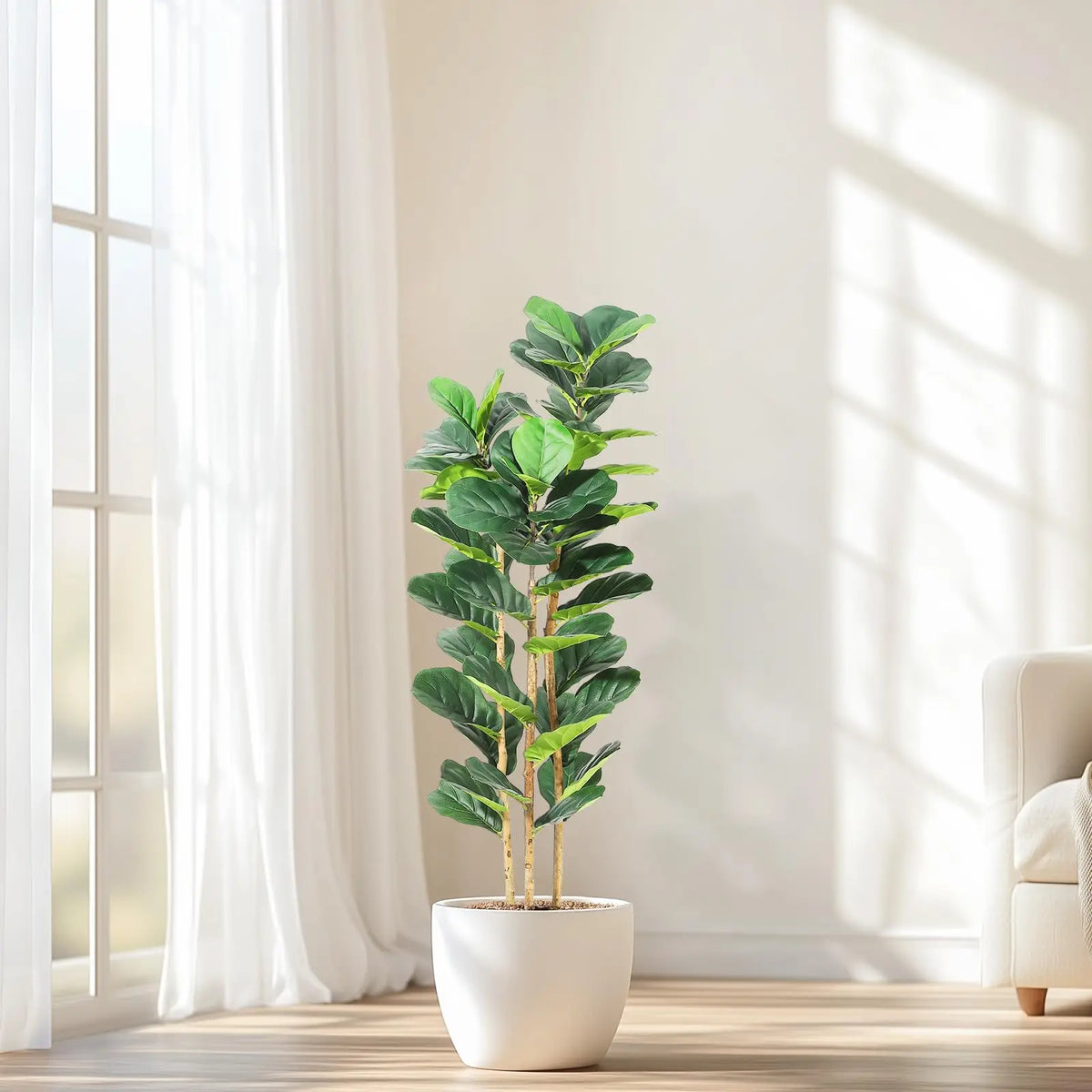 Artificial Fiddle Leaf Fig Tree White Planter Natural Wood Trunk Potted Moss