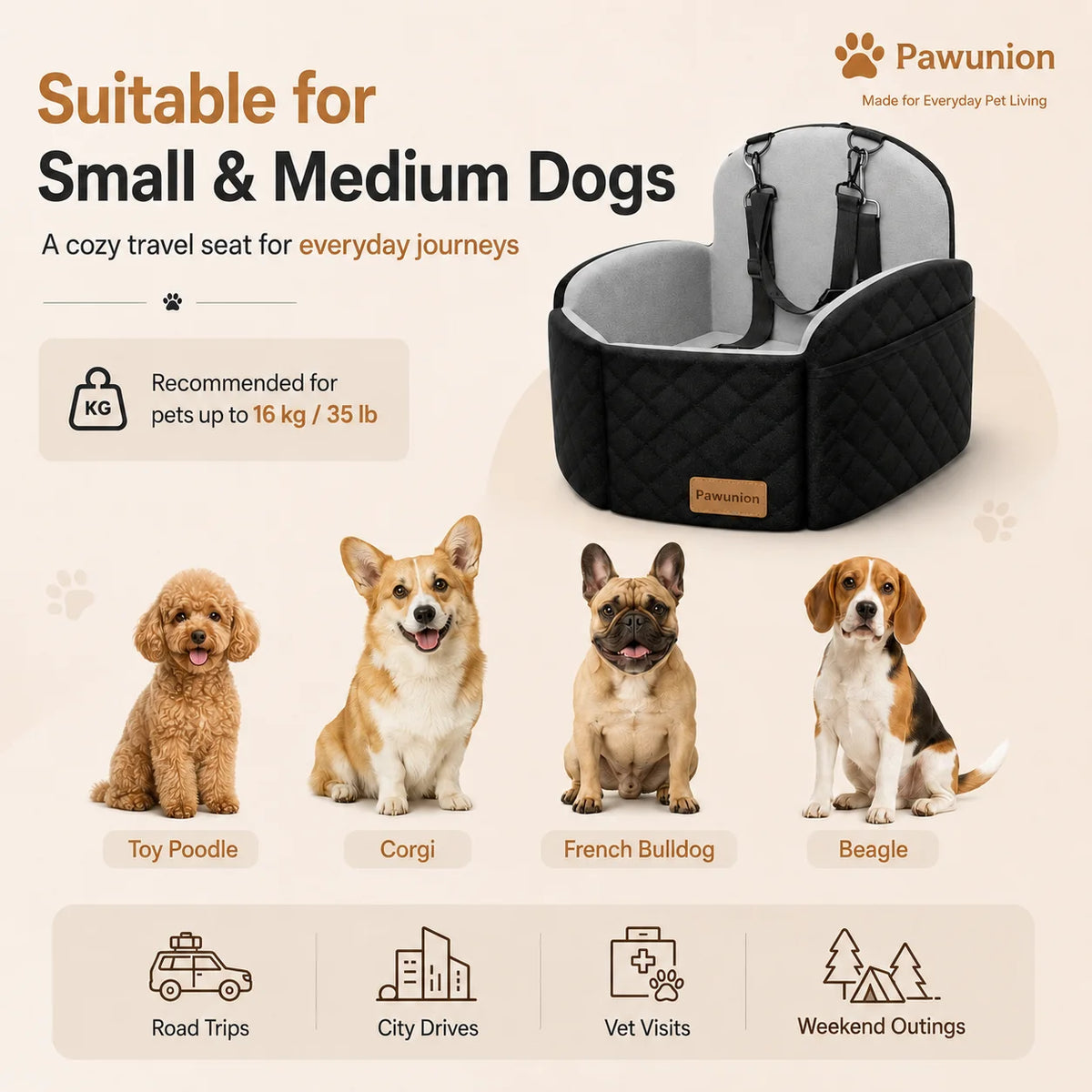 Memory Foam Dog Car Seat With Cool Mat Safety Leashes