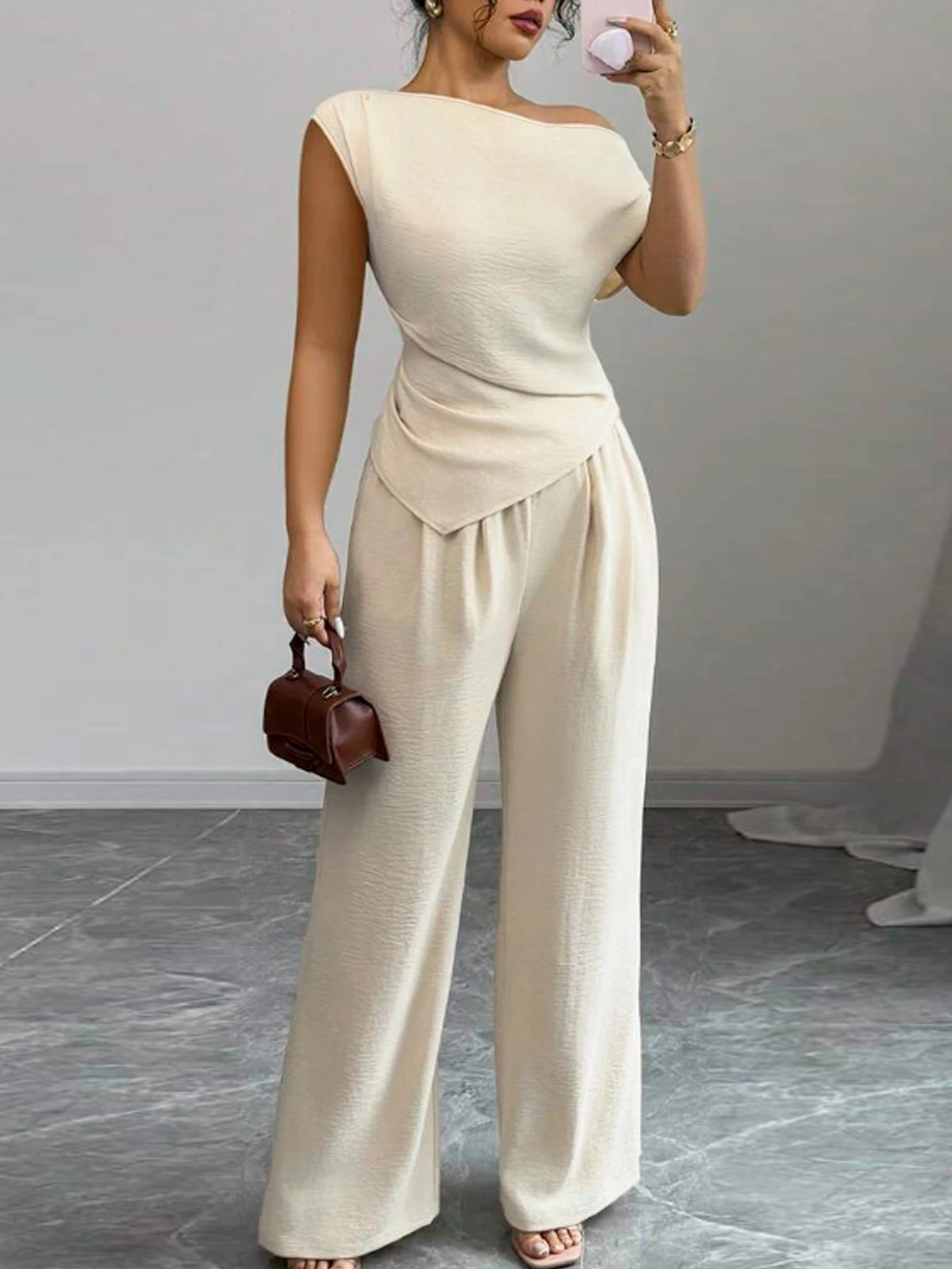 Elegant Pure Color Ladies Asymmetric Top And Wide Leg Pants Two Piece Set