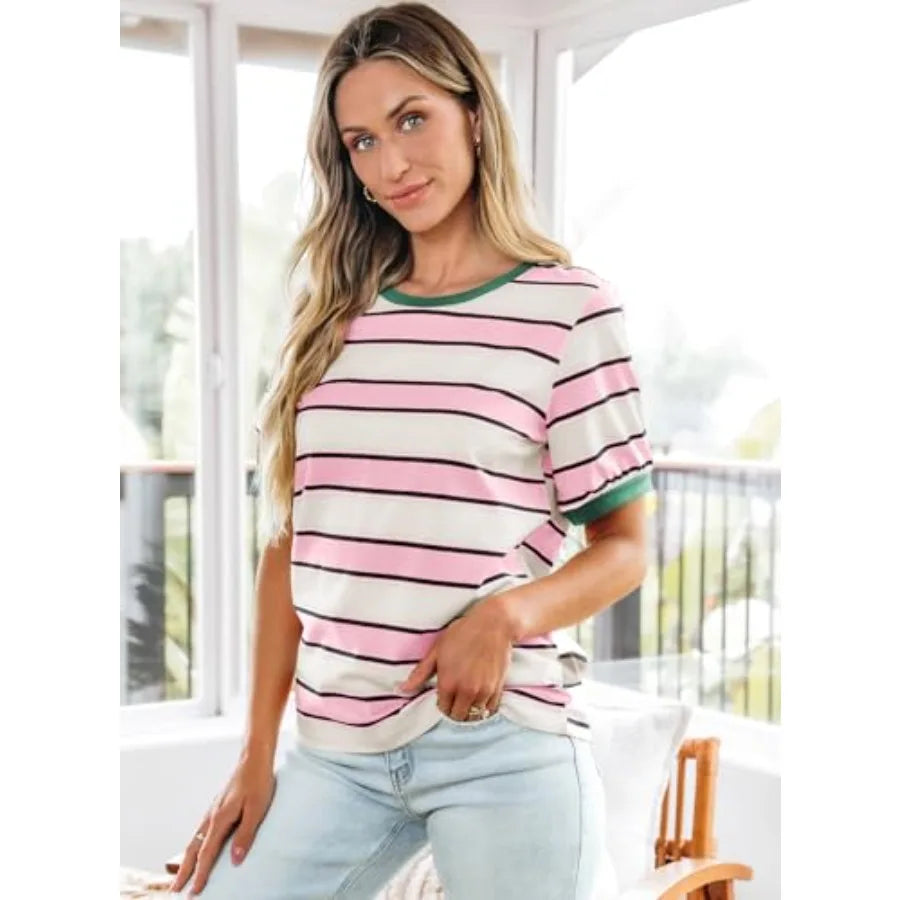 Women's Summer Striped Color Block Short Sleeve Fashion Tees