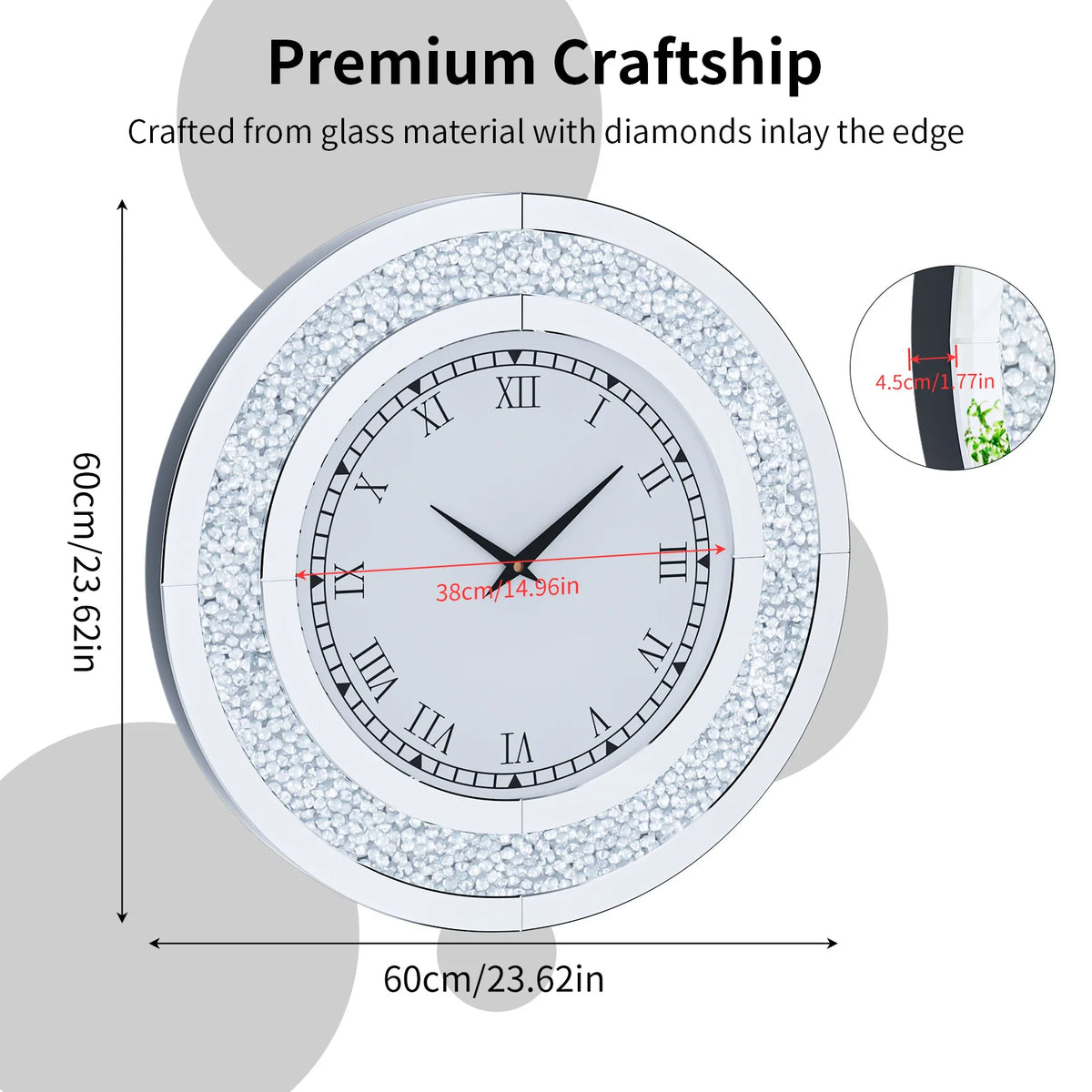 Round Crystal Sparkle Diamond Mirrored Wall Clock With Alarm